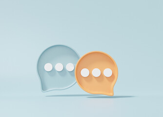 Bubble chat or comment Social media online concept with show SMS, message, communication, communicate digitally minimal on sky blue pastel background, banner, website, 3d rendering - obrazy, fototapety, plakaty