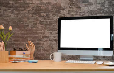 Workspace desk and laptop. copy space and blank screen. Business image, Blank screen laptop and...