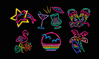 Tropical Icons, neon colors on black background