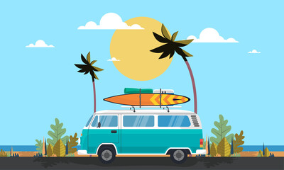 vintage surfer van goto beach on summer time. good for ads promotion, wallpapper, sosmed post, poster, etc. illustration vector graphic in flat style © kabiration