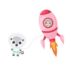 Cute little sloth flying in pink rocket. Cartoon lemur character in space costume with rocket on white background. Design for baby shower, invitation card, wall decor. Vector illustration