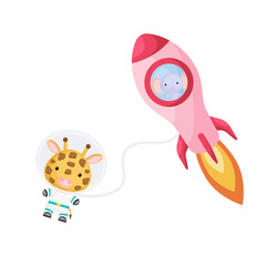 Cute little elephant flying in pink rocket. Cartoon giraffe character in space costume with rocket on white background. Design for baby shower, invitation card, wall decor. Vector illustration