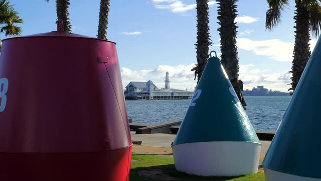 Landmark Buoys Near City Coastline, SLOW MOTION