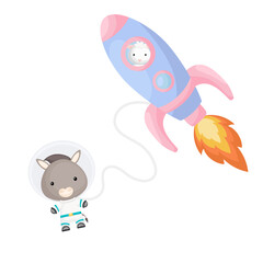 Cute little sheep flying in blue rocket. Cartoon donkey character in space costume with rocket on white background. Design for baby shower, invitation card, wall decor. Vector illustration