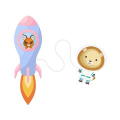 Cute little gazelle flying in blue rocket. Cartoon lion character in space costume with rocket on white background. Design for baby shower, invitation card, wall decor. Vector illustration