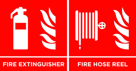 Fire extinguisher and fire hose real - obrazy, fototapety, plakaty