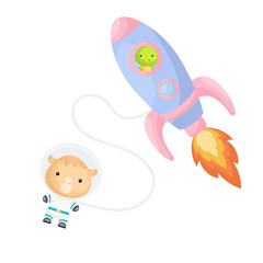 Cute little turtle flying in blue rocket. Cartoon camel character in space costume with rocket on white background. Design for baby shower, invitation card, wall decor. Vector illustration