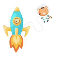Cute little lion flying in aqua rocket. Cartoon tiger character in space costume with rocket on white background. Design for baby shower, invitation card, wall decor. Vector illustration