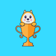 Cute dog with gold trophy. Animal cartoon concept isolated. Can used for t-shirt, greeting card, invitation card or mascot. Flat Cartoon Style
