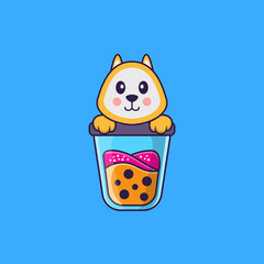 Cute dog Drinking Boba milk tea. Animal cartoon concept isolated. Can used for t-shirt, greeting card, invitation card or mascot. Flat Cartoon Style