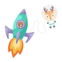Cute little bear flying in turquoise rocket. Cartoon deer character in space costume with rocket on white background. Design for baby shower, invitation card, wall decor. Vector illustration