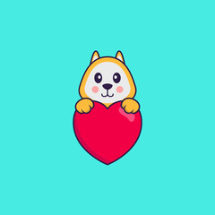 Cute dog holding a big red heart. Animal cartoon concept isolated. Can used for t-shirt, greeting card, invitation card or mascot. Flat Cartoon Style