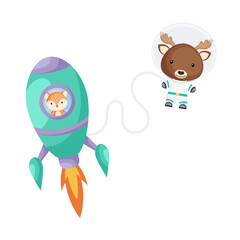 Cute little fox flying in turquoise rocket. Cartoon moose character in space costume with rocket on white background. Design for baby shower, invitation card, wall decor. Vector illustration