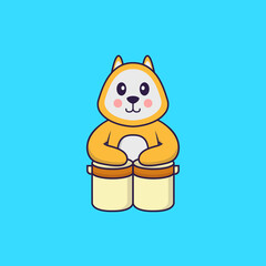 Cute dog is playing drums. Animal cartoon concept isolated. Can used for t-shirt, greeting card, invitation card or mascot. Flat Cartoon Style