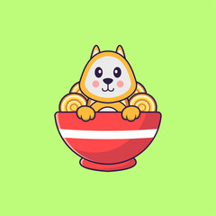 Cute dog eating ramen noodles. Animal cartoon concept isolated. Can used for t-shirt, greeting card, invitation card or mascot. Flat Cartoon Style