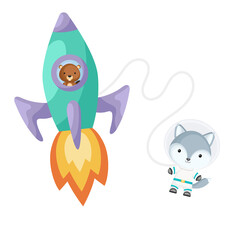 Cute little beaver flying in turquoise rocket. Cartoon wolf character in space costume with rocket on white background. Design for baby shower, invitation card, wall decor. Vector illustration
