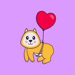 Cute dog flying with love shaped balloons. Animal cartoon concept isolated. Can used for t-shirt, greeting card, invitation card or mascot. Flat Cartoon Style