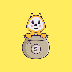 Cute dog playing in money bag. Animal cartoon concept isolated. Can used for t-shirt, greeting card, invitation card or mascot. Flat Cartoon Style