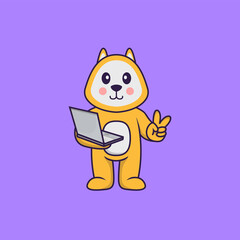 Cute dog holding laptop. Animal cartoon concept isolated. Can used for t-shirt, greeting card, invitation card or mascot. Flat Cartoon Style