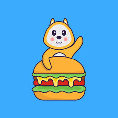 Cute dog eating burger. Animal cartoon concept isolated. Can used for t-shirt, greeting card, invitation card or mascot. Flat Cartoon Style