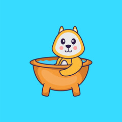 Cute dog taking a bath in the bathtub. Animal cartoon concept isolated. Can used for t-shirt, greeting card, invitation card or mascot. Flat Cartoon Style