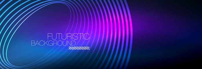 Dark abstract background with glowing neon circles. Trendy layout template for business or technology presentation, internet poster or web brochure cover, wallpaper