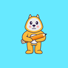 Cute dog holding a pencil. Animal cartoon concept isolated. Can used for t-shirt, greeting card, invitation card or mascot. Flat Cartoon Style