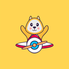 Cute dog flying on a plane. Animal cartoon concept isolated. Can used for t-shirt, greeting card, invitation card or mascot. Flat Cartoon Style