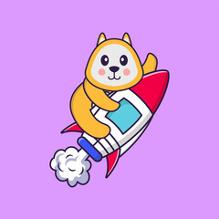 Cute dog flying on rocket. Animal cartoon concept isolated. Can used for t-shirt, greeting card, invitation card or mascot. Flat Cartoon Style