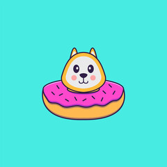 Cute dog with a donut on his neck. Animal cartoon concept isolated. Can used for t-shirt, greeting card, invitation card or mascot. Flat Cartoon Style