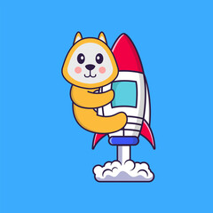 Cute dog flying on rocket. Animal cartoon concept isolated. Can used for t-shirt, greeting card, invitation card or mascot. Flat Cartoon Style