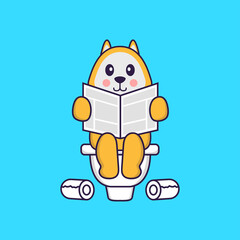 Cute dog Pooping On Toilet and read newspaper. Animal cartoon concept isolated. Can used for t-shirt, greeting card, invitation card or mascot. Flat Cartoon Style