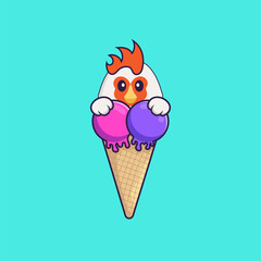 Cute chicken with sweet ice cream. Animal cartoon concept isolated. Can used for t-shirt, greeting card, invitation card or mascot. Flat Cartoon Style
