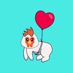 Cute chicken flying with love shaped balloons. Animal cartoon concept isolated. Can used for t-shirt, greeting card, invitation card or mascot. Flat Cartoon Style