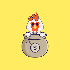 Cute chicken playing in money bag. Animal cartoon concept isolated. Can used for t-shirt, greeting card, invitation card or mascot. Flat Cartoon Style