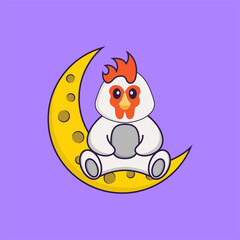 Cute chicken is sitting on the moon. Animal cartoon concept isolated. Can used for t-shirt, greeting card, invitation card or mascot. Flat Cartoon Style