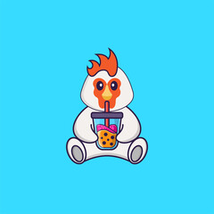 Cute chicken Drinking Boba milk tea. Animal cartoon concept isolated. Can used for t-shirt, greeting card, invitation card or mascot. Flat Cartoon Style