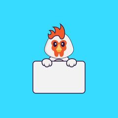 Cute chicken holding whiteboard. Animal cartoon concept isolated. Can used for t-shirt, greeting card, invitation card or mascot. Flat Cartoon Style