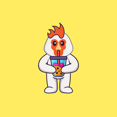 Cute chicken Drinking Boba milk tea. Animal cartoon concept isolated. Can used for t-shirt, greeting card, invitation card or mascot. Flat Cartoon Style