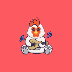 Cute chicken playing guitar. Animal cartoon concept isolated. Can used for t-shirt, greeting card, invitation card or mascot. Flat Cartoon Style