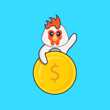 Cute chicken holding coin. Animal cartoon concept isolated. Can used for t-shirt, greeting card, invitation card or mascot. Flat Cartoon Style