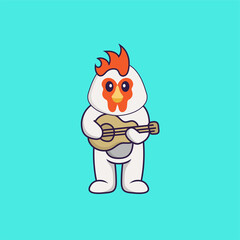Cute chicken playing guitar. Animal cartoon concept isolated. Can used for t-shirt, greeting card, invitation card or mascot. Flat Cartoon Style