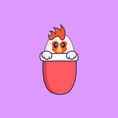 Cute chicken in red pocket. Animal cartoon concept isolated. Can used for t-shirt, greeting card, invitation card or mascot. Flat Cartoon Style