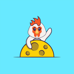 Cute chicken is on the moon. Animal cartoon concept isolated. Can used for t-shirt, greeting card, invitation card or mascot. Flat Cartoon Style
