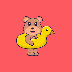Cute bear With Duck buoy. Animal cartoon concept isolated. Can used for t-shirt, greeting card, invitation card or mascot. Flat Cartoon Style
