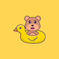 Cute bear With Duck buoy. Animal cartoon concept isolated. Can used for t-shirt, greeting card, invitation card or mascot. Flat Cartoon Style