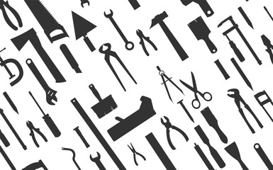Construction tools. Background. For work as a painter, carpenter, builder, handyman. Repair and construction services. Sale of tools. Monochrome silhouette.