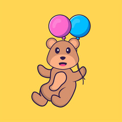 Cute bear flying with two balloons. Animal cartoon concept isolated. Can used for t-shirt, greeting card, invitation card or mascot. Flat Cartoon Style