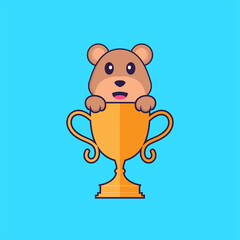Cute bear with gold trophy. Animal cartoon concept isolated. Can used for t-shirt, greeting card, invitation card or mascot. Flat Cartoon Style