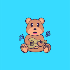 Cute bear playing guitar. Animal cartoon concept isolated. Can used for t-shirt, greeting card, invitation card or mascot. Flat Cartoon Style